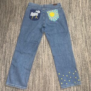 VTG Lee‎ Women's 10 Short Relaxed Straight Leg Upcycled Embroidered Blue Jeans